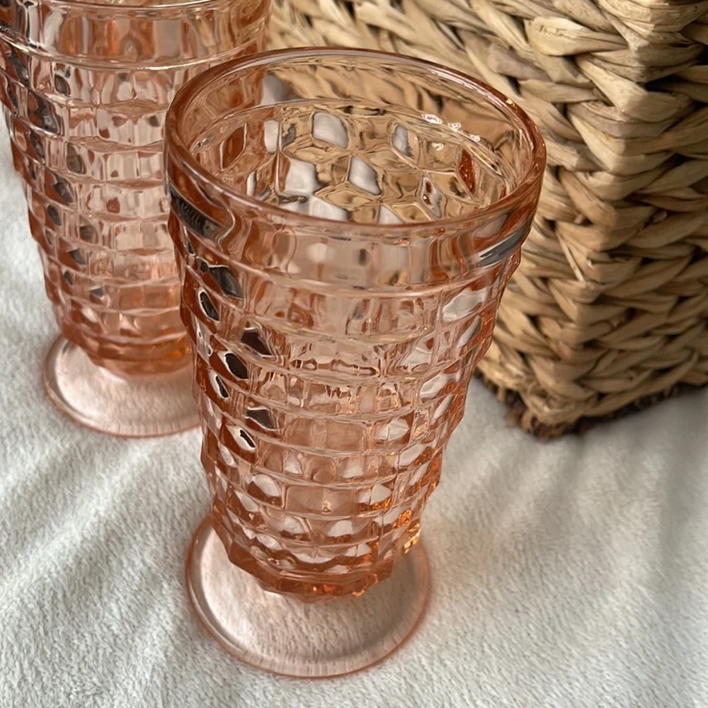 Vtg 4 Indiana Whitehall Peach Pink Ice Tea  Cooler Drinking Glasses Cubist - Picture 11 of 14